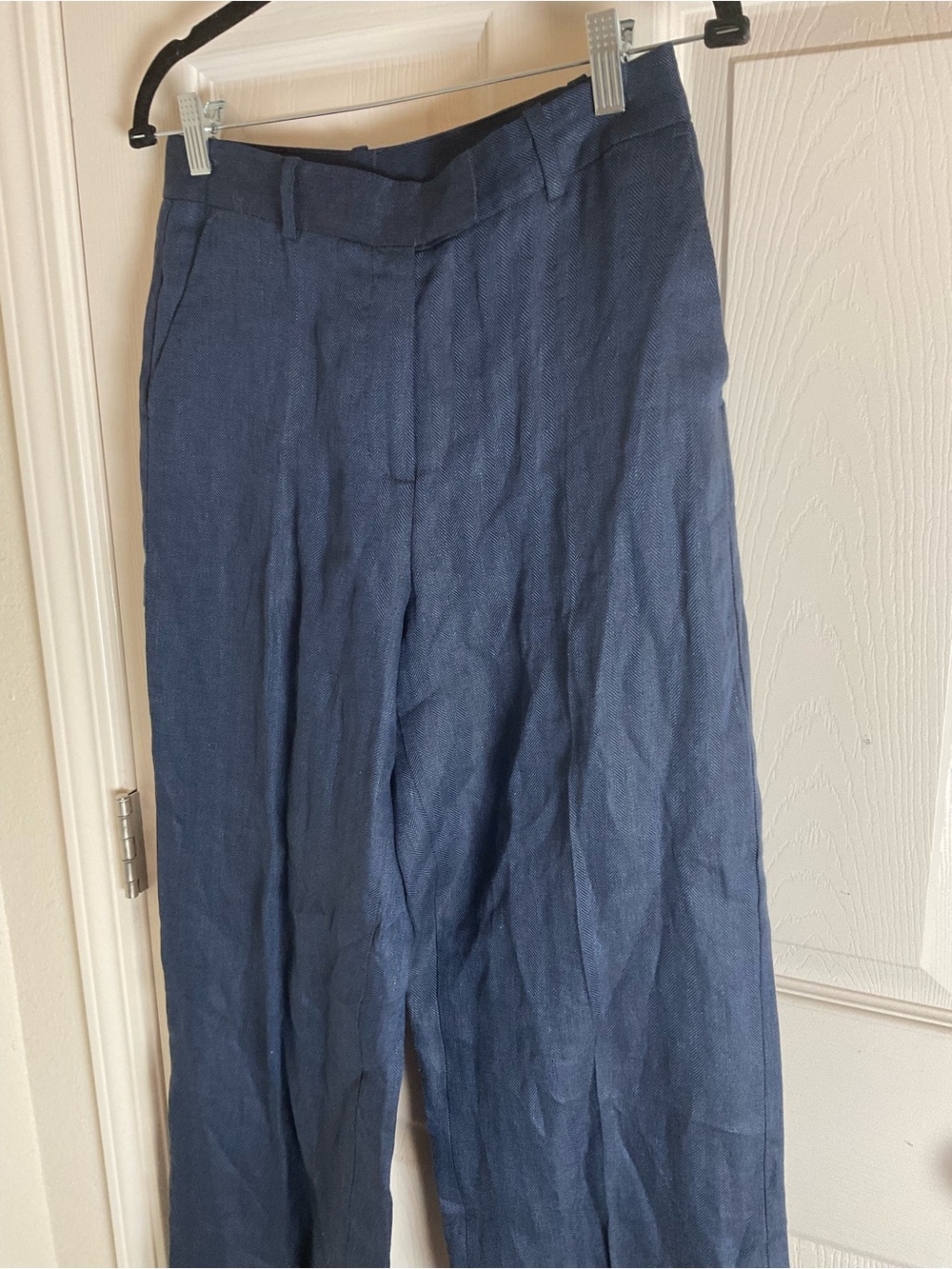 Zara Navy Blue Herringbone Linen Wide Leg Pants S - Picture 4 of 11